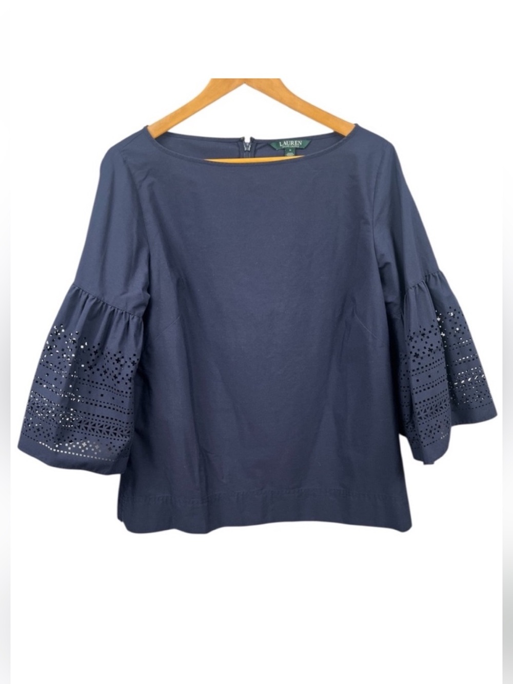 LAUREN RALPH LAUREN Navy Blue Eyelet Bell Sleeve Blouse Medium